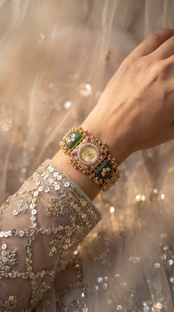 Emerald Green and Ruby Red Kundan CZ Watch for Women, detail, Cunei India