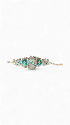 Emerald Green and Ruby Red CZ Open-Work Watch for Women, side view, Cunei India