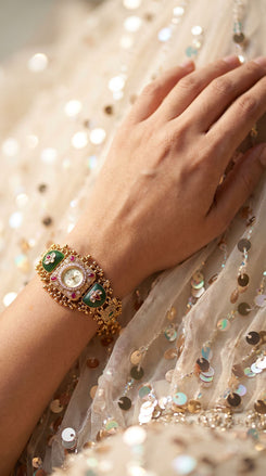 Emerald Green and Ruby Red CZ Open-Work Watch for Women, detail, Cunei India