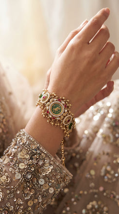 Emerald Green and Ruby Red Kundan Watch for Women, detail, Cunei India