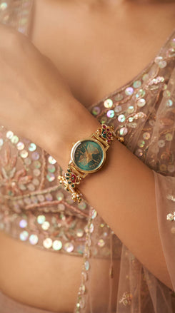 Emerald Green and Ruby Red Pearl Watch for Women, detail, Cunei India