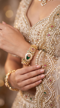 Emerald Green, Ruby Red, and Ivory White Oval Meenakari Kundan Kada Bangles product photo, Cunei India