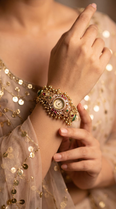 Emerald Green and Ruby Red Kundan Studded CZ Enamel Watch for Women, for women, Cunei India