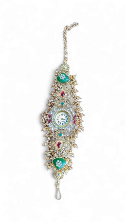 Emerald Green and Ruby Red Kundan Studded CZ Enamel Watch for Women, side view, Cunei India