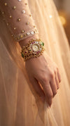 Emerald Green and Ruby Red Kundan Studded CZ Enamel Watch for Women, product photo, Cunei India