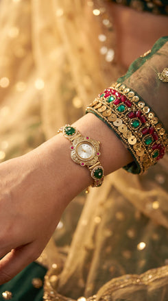 Emerald Green and Ruby Red Pearl Ethnic Wrist Watch product photo, Cunei India
