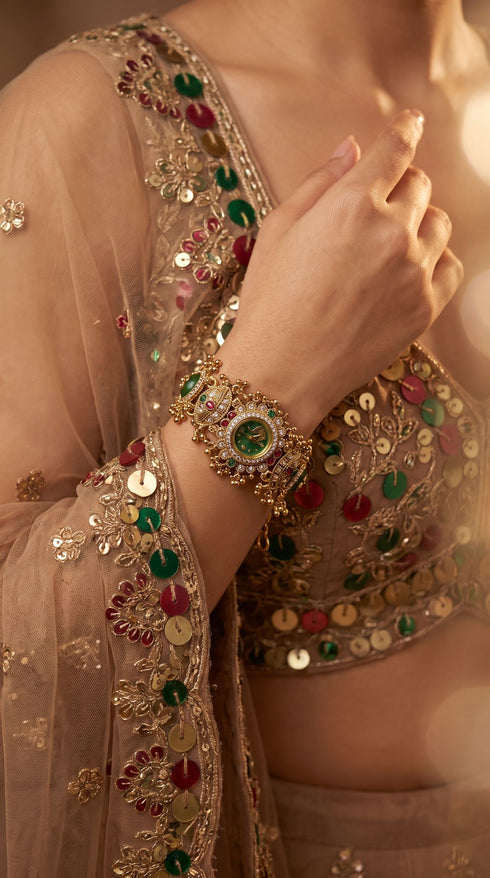 Emerald Green, Ruby Red and White Cz Ethnic Bracelet Watch side view, Cunei India