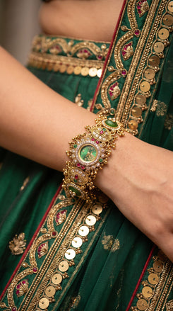 Emerald Green, Ruby Red and White Cz Ethnic Bracelet Watch detail, Cunei India