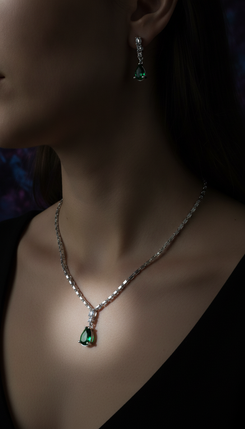 Emerald Green & Silver Necklace Earrings Set for Women - Party & Wedding Wear - view 2