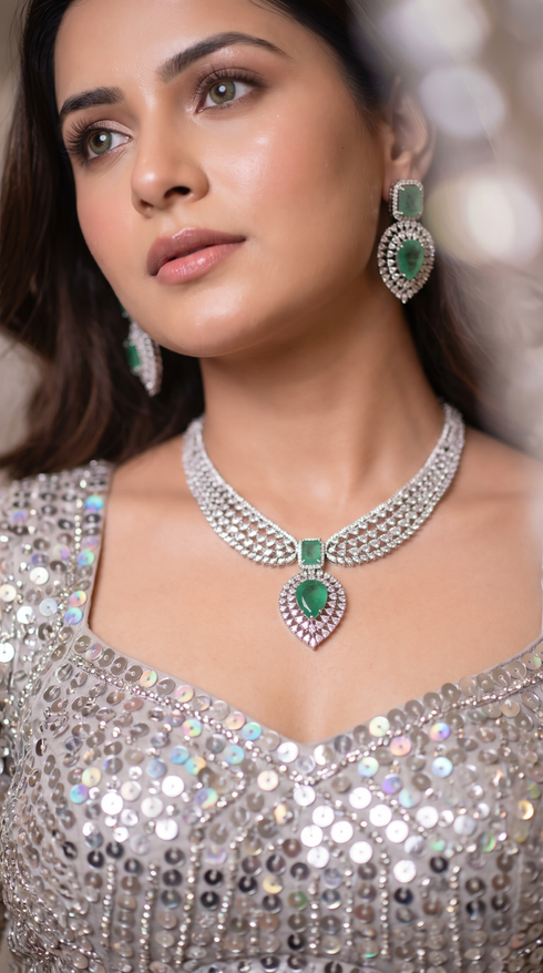 Emerald Green Teardrop Pendant Cz Necklace Set for Women, Cunei India