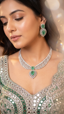 Emerald Green Teardrop Pendant Cz Necklace Set side view, Cunei India