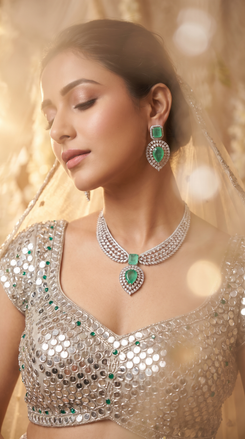 Emerald Green Teardrop Pendant Cz Necklace Set product photo, Cunei India