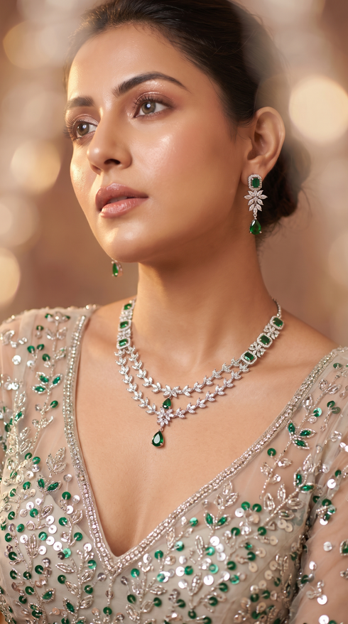 Emerald Green and White Double Strand Leaf Design Cz Necklace Set for Women, Cunei India