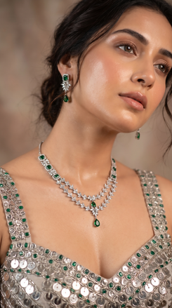 Emerald Green and White Double Strand Leaf Design Cz Necklace Set product photo, Cunei India