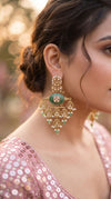 Emerald Green and White Kundan Ethnic Hanging Earrings side view, Cunei India