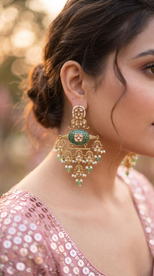 Emerald Green and White Kundan Ethnic Hanging Earrings side view, Cunei India