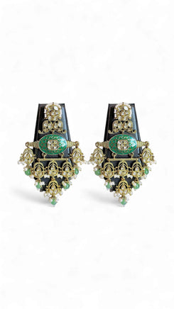 Emerald Green and White Kundan Ethnic Hanging Earrings for women, Cunei India