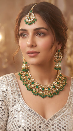 Emerald Green And White Kundan Drop Necklace Set side view, Cunei India