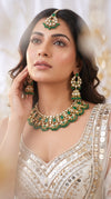 Emerald Green And White Kundan Drop Necklace Set detail, Cunei India