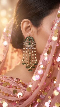 Emerald Green and White Cz Cascading Dangling Earrings side view, Cunei India