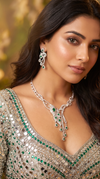 Emerald Green and White Leaf Motif Cz Cascading Necklace Set for Women, Cunei India