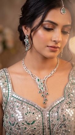 Emerald Green and White Leaf Motif Cz Cascading Necklace Set side view, Cunei India