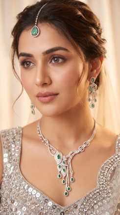 Emerald Green and White Leaf Motif Cz Cascading Necklace Set product photo, Cunei India