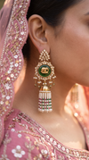 Emerald Green, White, and Pink Kundan Ethnic Hanging Earrings side view, Cunei India