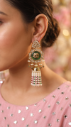Emerald Green, White, and Pink Kundan Ethnic Hanging Earrings product photo, Cunei India