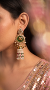 Emerald Green, White, and Pink Kundan Ethnic Hanging Earrings detail, Cunei India