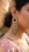 Emerald Green and White Polki Cascading Hanging Earrings side view, Cunei India