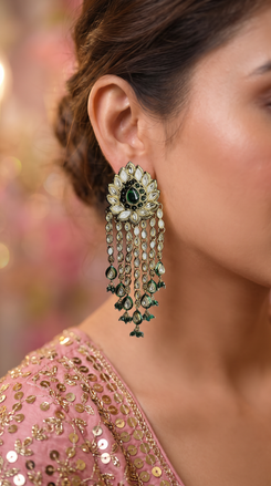 Emerald Green and White Polki Cascading Hanging Earrings product photo, Cunei India