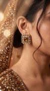Gold, Clear and Brown Kundan Square Stud Earrings side view, Cunei India