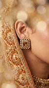 Gold, Clear and Brown Kundan Square Stud Earrings detail, Cunei India