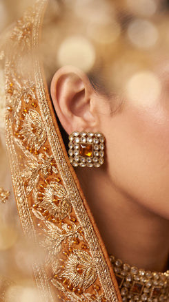 Gold, Clear and Brown Kundan Square Stud Earrings detail, Cunei India