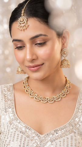 Gold and Clear Scalloped Cz Crystal Drops Necklace Set, Cunei India