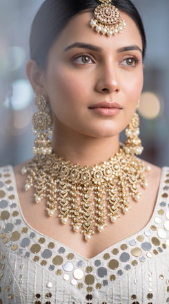 Gold and Cream Three Piece Cascading Kundan Pearl Drops Necklace Set