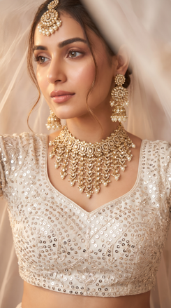 Gold and Cream Three Piece Cascading Kundan Pearl Drops Necklace Set - view 2