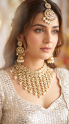 Gold and Cream Three Piece Cascading Kundan Pearl Drops Necklace Set - view 3