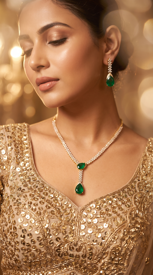 Gold Emerald Teardrop Stone Cz Necklace Set for Women, Cunei India