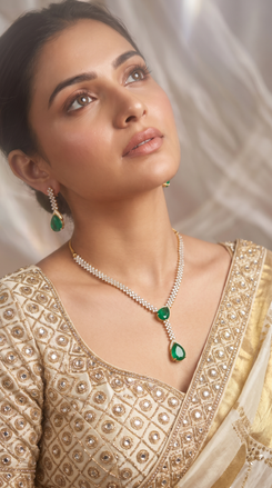 Gold Emerald Teardrop Stone Cz Necklace Set side view, Cunei India