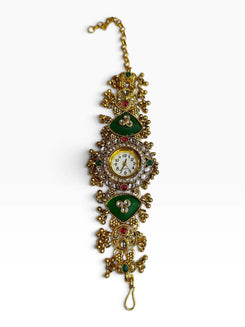 Gold with Green and Red Accents Kundan Ethnic Bracelet Watch for Women - view 2