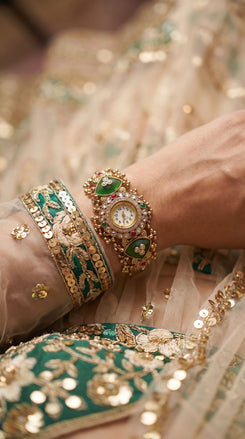 Gold with Green and Red Accents Kundan Ethnic Bracelet Watch product photo, Cunei India