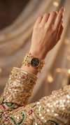 Gold with Green and Red Accents Pearl Ethnic Bracelet Watch side view, Cunei India
