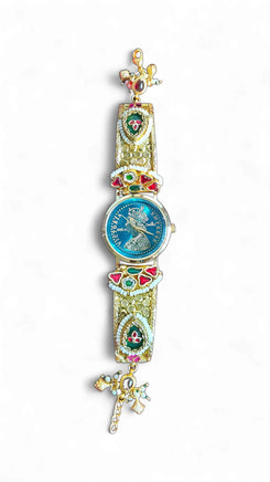 Imperial Gold, Green and Red Enamel Pearl Studded Watch, side view, Cunei India