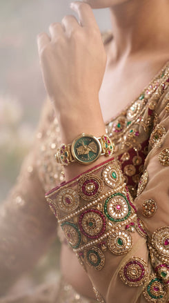 Imperial Gold, Green and Red Enamel Pearl Studded Watch, product photo, Cunei India