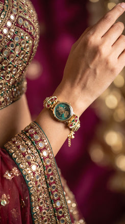 Imperial Gold, Green and Red Enamel Pearl Studded Watch, detail, Cunei India