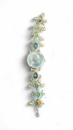 Imperial Gold, Green and Red Enamel Pearl Studded Open-Work Watch, side view, Cunei India