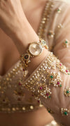 Imperial Gold, Green and Red Enamel Pearl Studded Open-Work Watch, product photo, Cunei India
