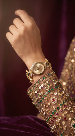 Imperial Gold, Green and Red Enamel Pearl Studded Open-Work Watch, detail, Cunei India
